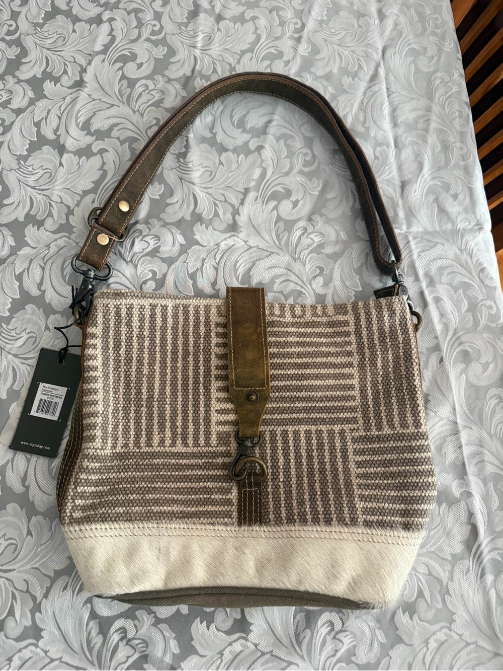 MYRA Woven Neutral Stripe Shoulder Bag - Brown & Cream